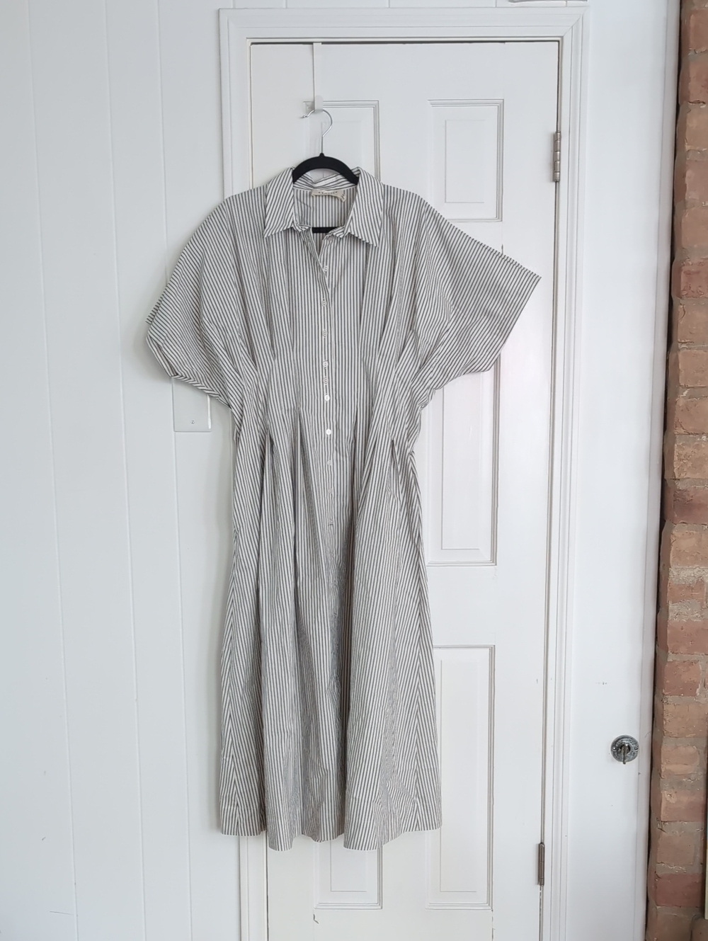 Striped Button-Up Midi Dress in White and Black